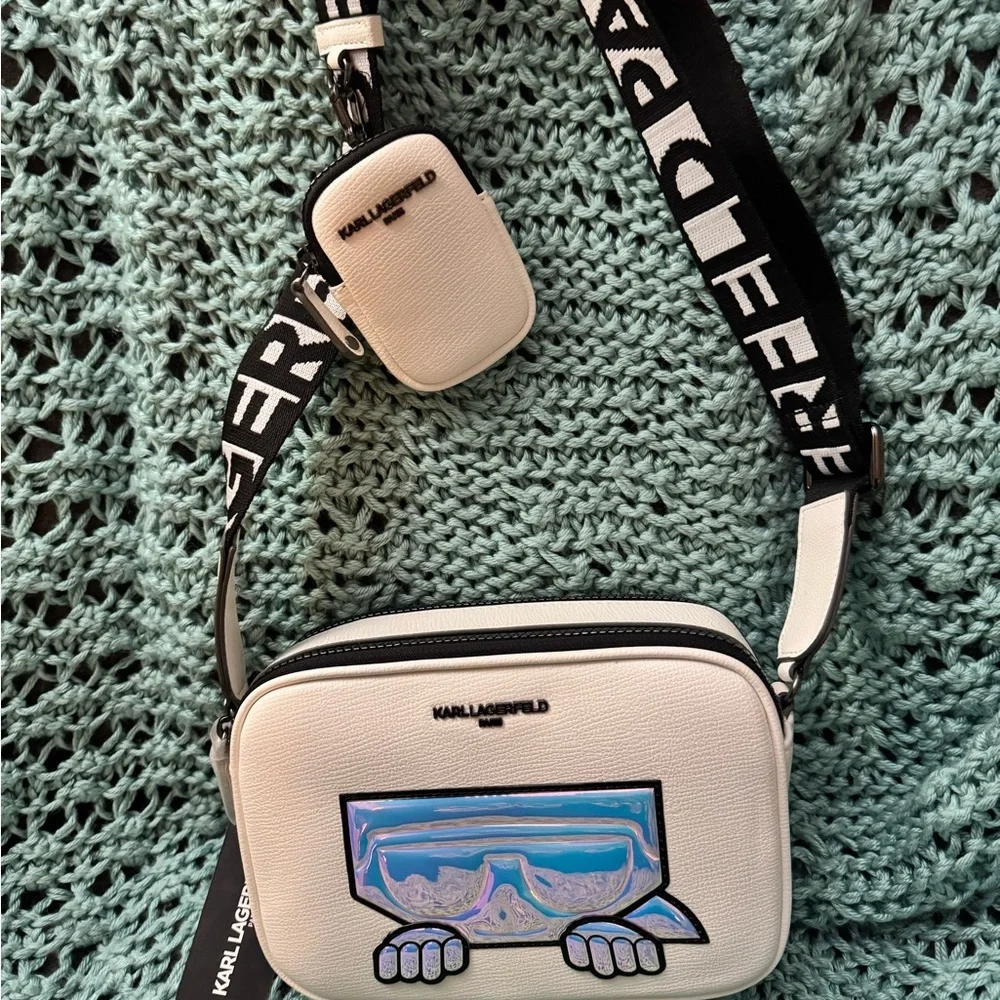 Karl Lagerfeld White Camera Bag with Iridescent White Bluish Detail